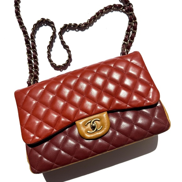 CHANEL Classic Jumbo Quilted Lambskin Tri-Color Burgundy Double Flap Bag - Picture 1 of 12
